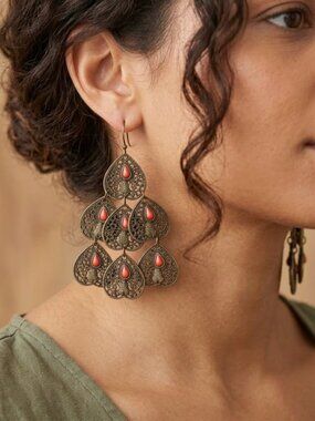 Antique Gold Teardrop Chandelier Earrings with Coral Accents